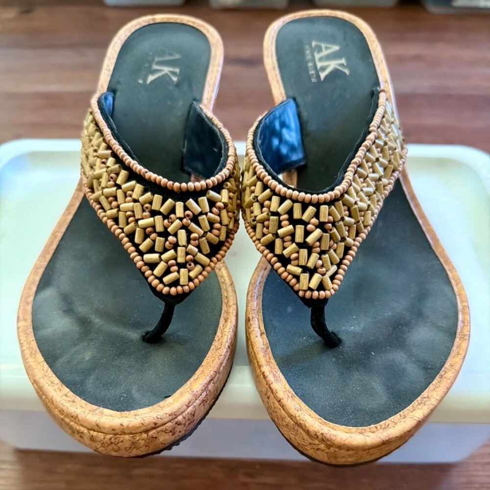 Anne Klein AK Beaded Cork Wedge Sandals Size 7 Black Tan Thong Platform